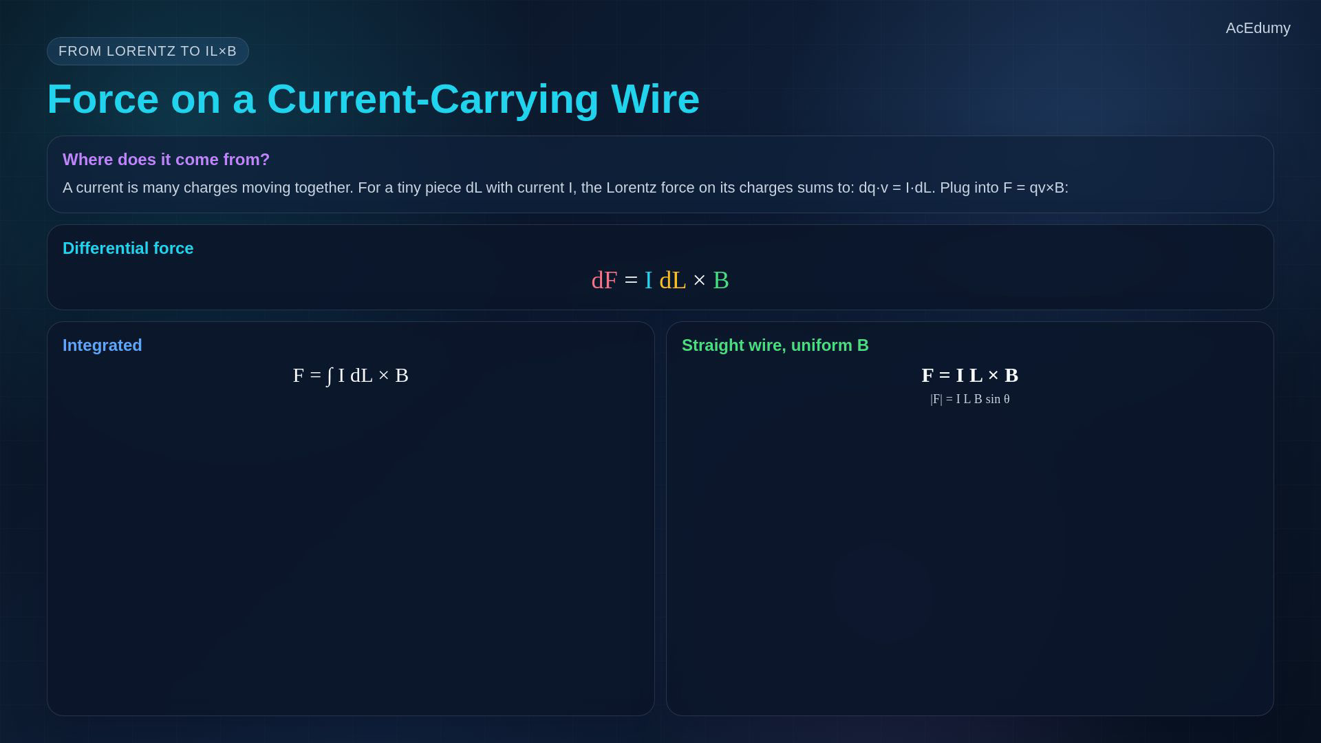 Lesson frame showing Lorentz force, a current-carrying wire, current-loop torque, and magnetic materials.