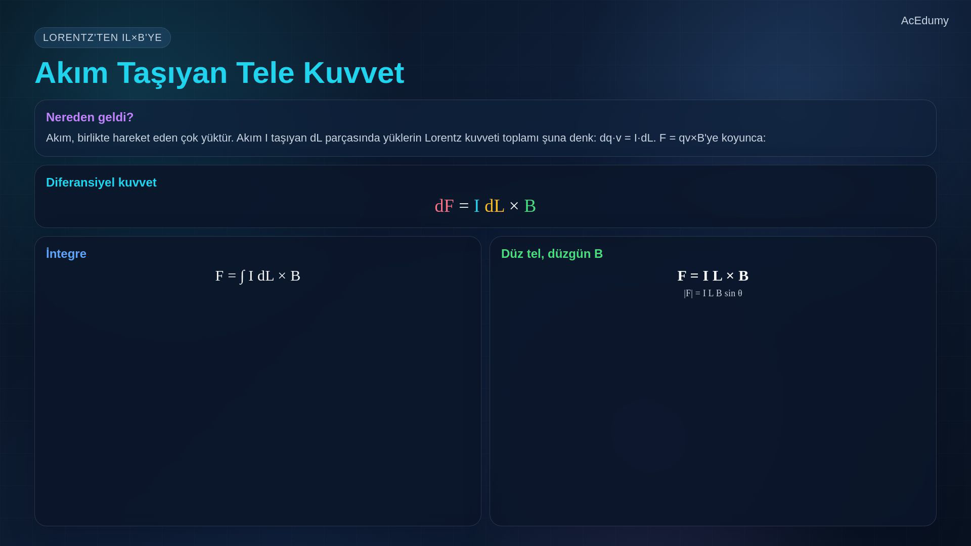 Lorentz kuvveti, akım taşıyan tel, akım halkası torku ve manyetik malzemeleri gösteren ders karesi.