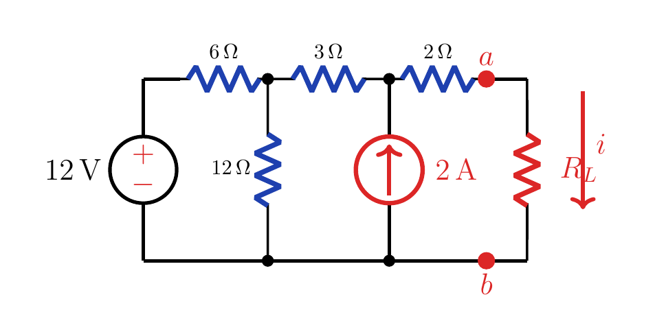 12 V ve 2 A bağımsız kaynakları ile 6 Ω, 12 Ω, 3 Ω, 2 Ω ve a-b arasındaki R_L yükünü içeren devre.