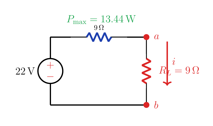 22 V Thevenin kaynağı, seri 9 Ω direnç ve 9 Ω yükten oluşan son eşdeğer devre.