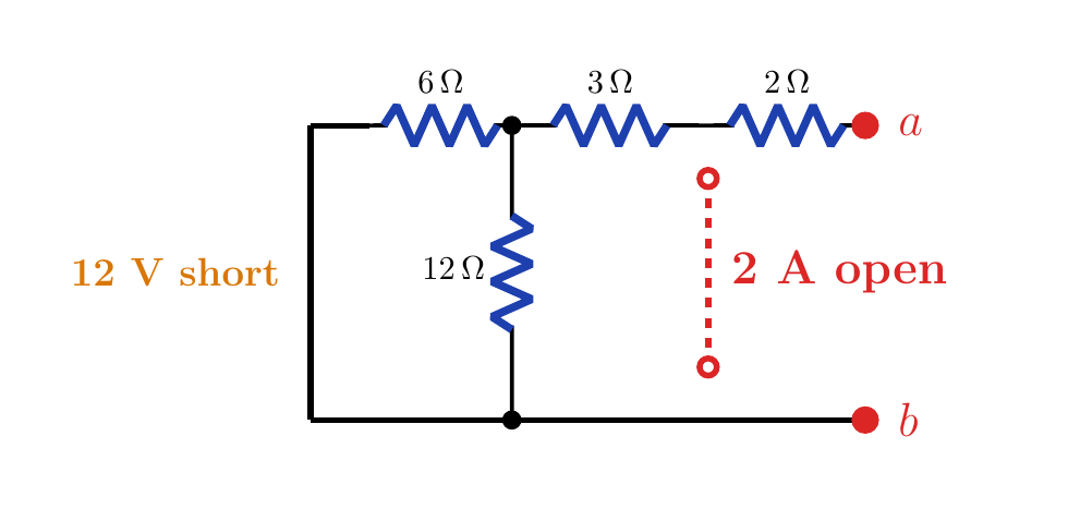 12 V kaynağı kısa devre ve 2 A kaynağı açık devre edilmiş R_Th hesabı.