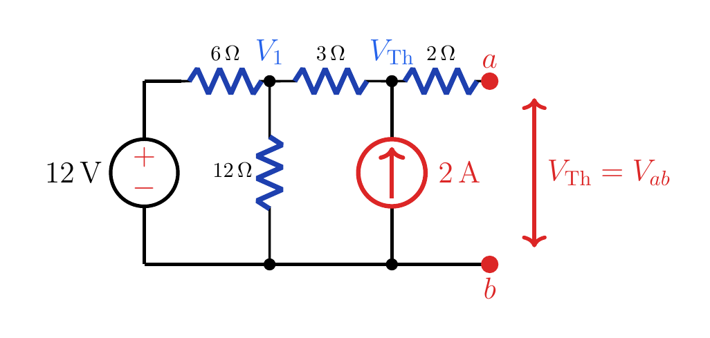 R_L çıkarılmış açık devrede V_1 ve V_Th düğümleri gösterilmiştir.