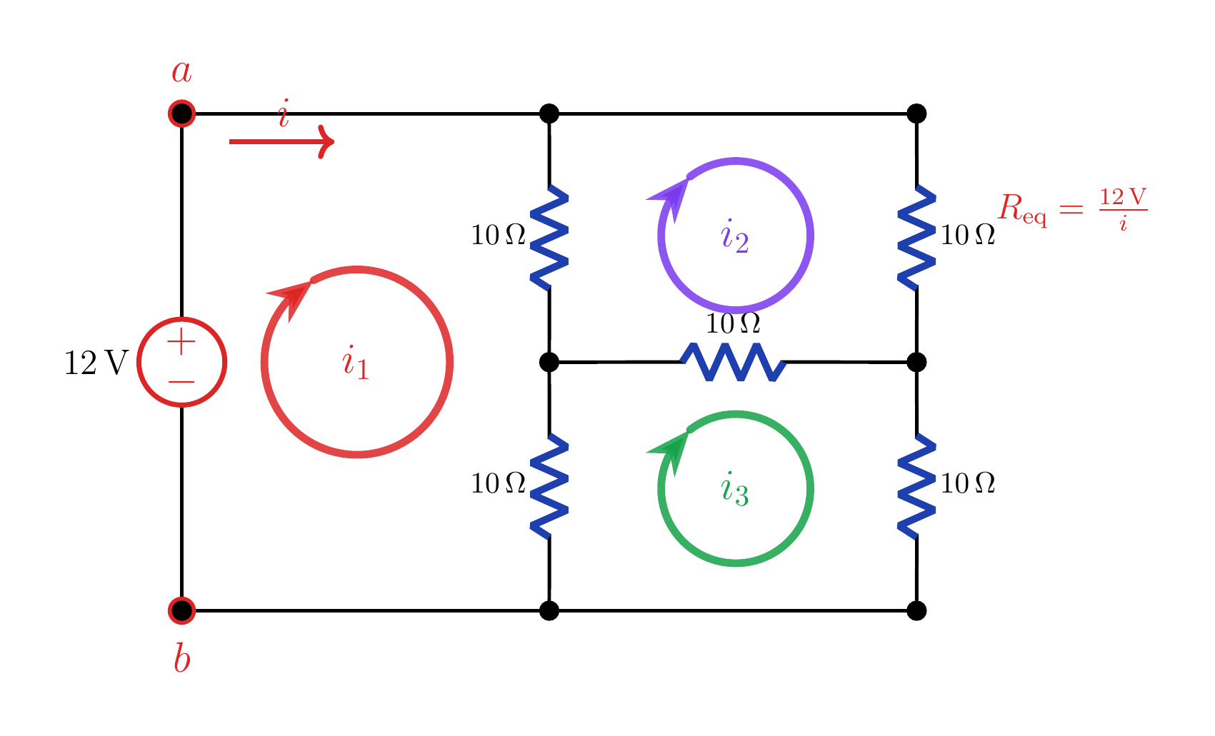12 V test kaynağı ve beş adet 10 Ω dirençten oluşan üç çevreli eşdeğer direnç devresi.
