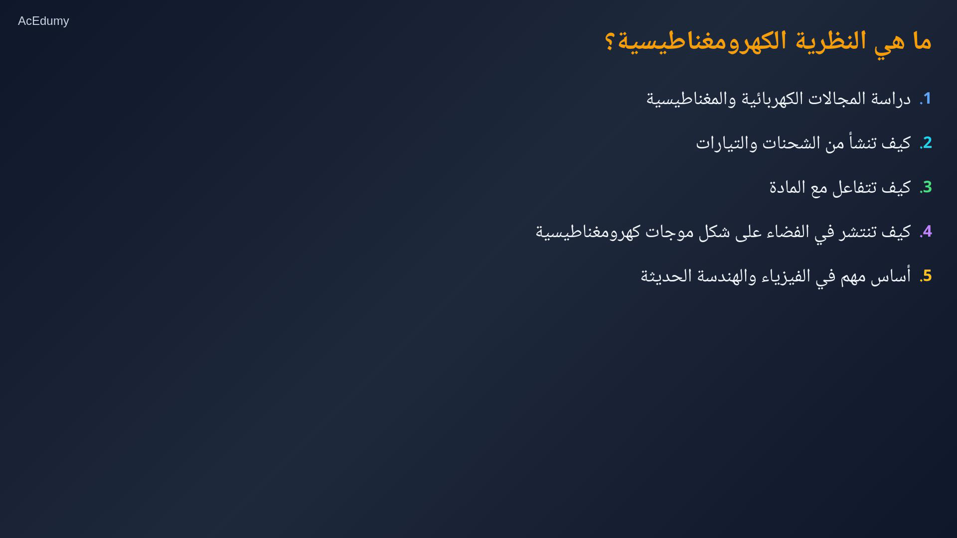 لقطة درس تربط المجالات الكهربائية والمغناطيسية بالشحنات والتيارات والمادة وانتشار الموجات الكهرومغناطيسية.