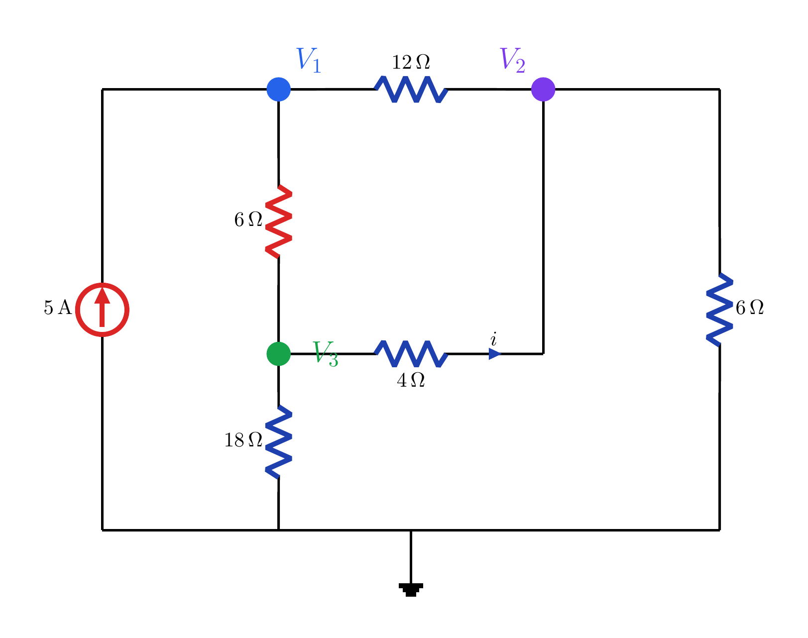 V₁, V₂ ve V₃ düğümleri; 5 A kaynak ile 12 Ω, 6 Ω, 4 Ω, 6 Ω ve 18 Ω dirençlerinden oluşan devre.