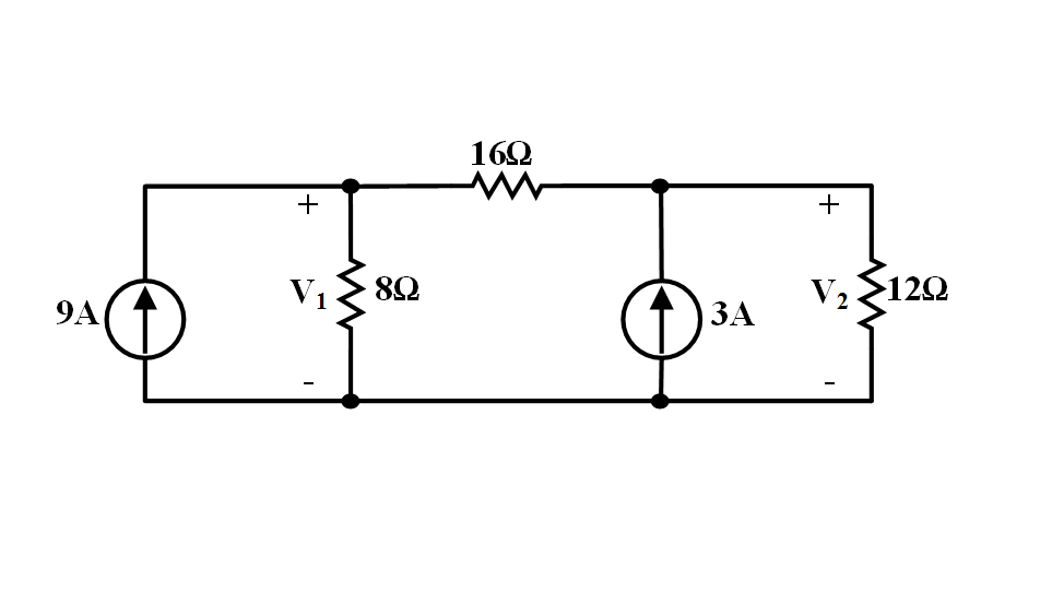9 A ve 3 A akım kaynaklarıyla beslenen; 8 Ω, 16 Ω ve 12 Ω dirençlerinden oluşan iki düğümlü devre.