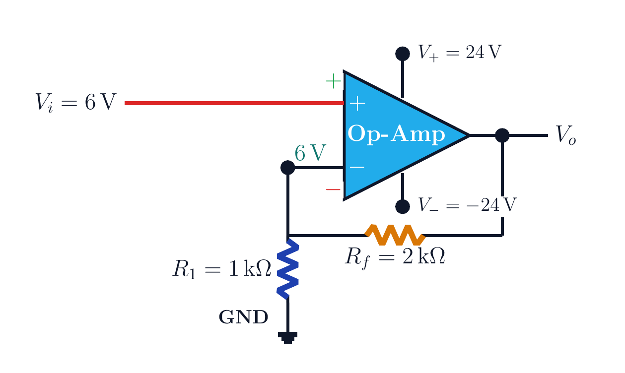 دائرة أوب أمب غير عاكسة عددية فيها V_i=6 V وR_1=1 kΩ وR_f=2 kΩ وتغذية ±24 V.