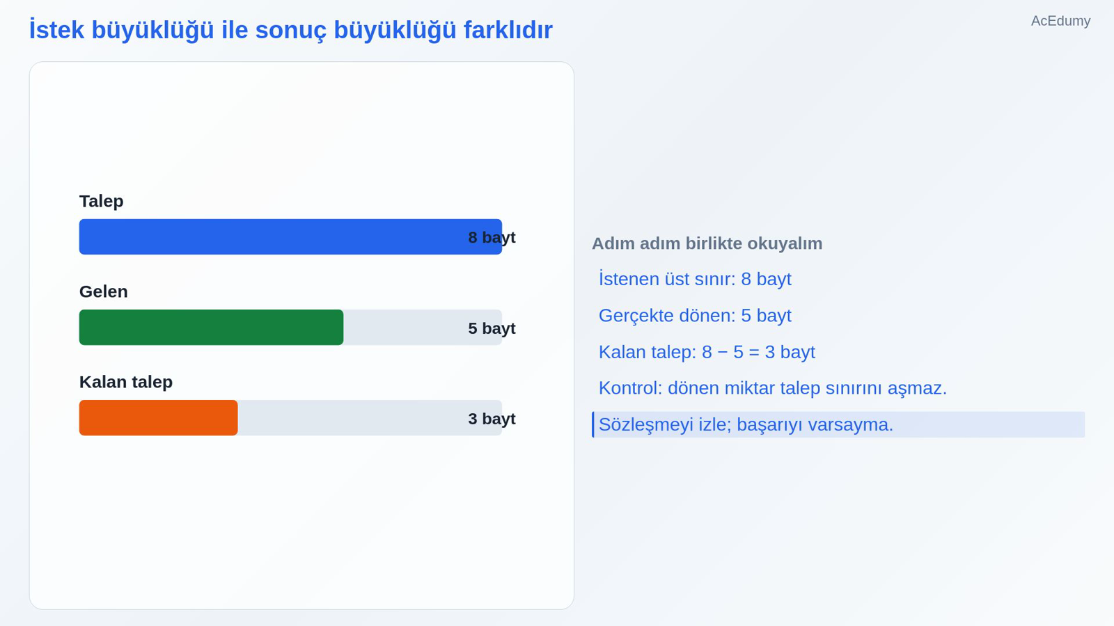 İstek büyüklüğü ile sonuç büyüklüğü farklıdır