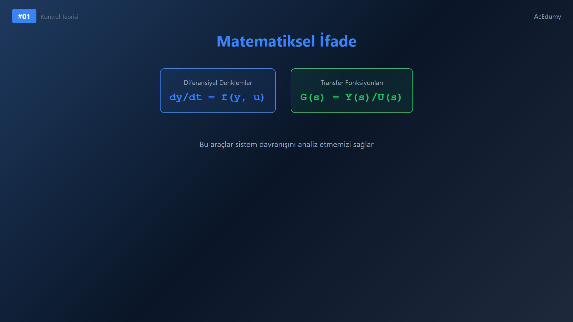 Kontrol teorisine giriş dersinde dinamik sistem, sinyal, matematiksel model, bozucu ve geri besleme kavramlarını gösteren ders karesi.