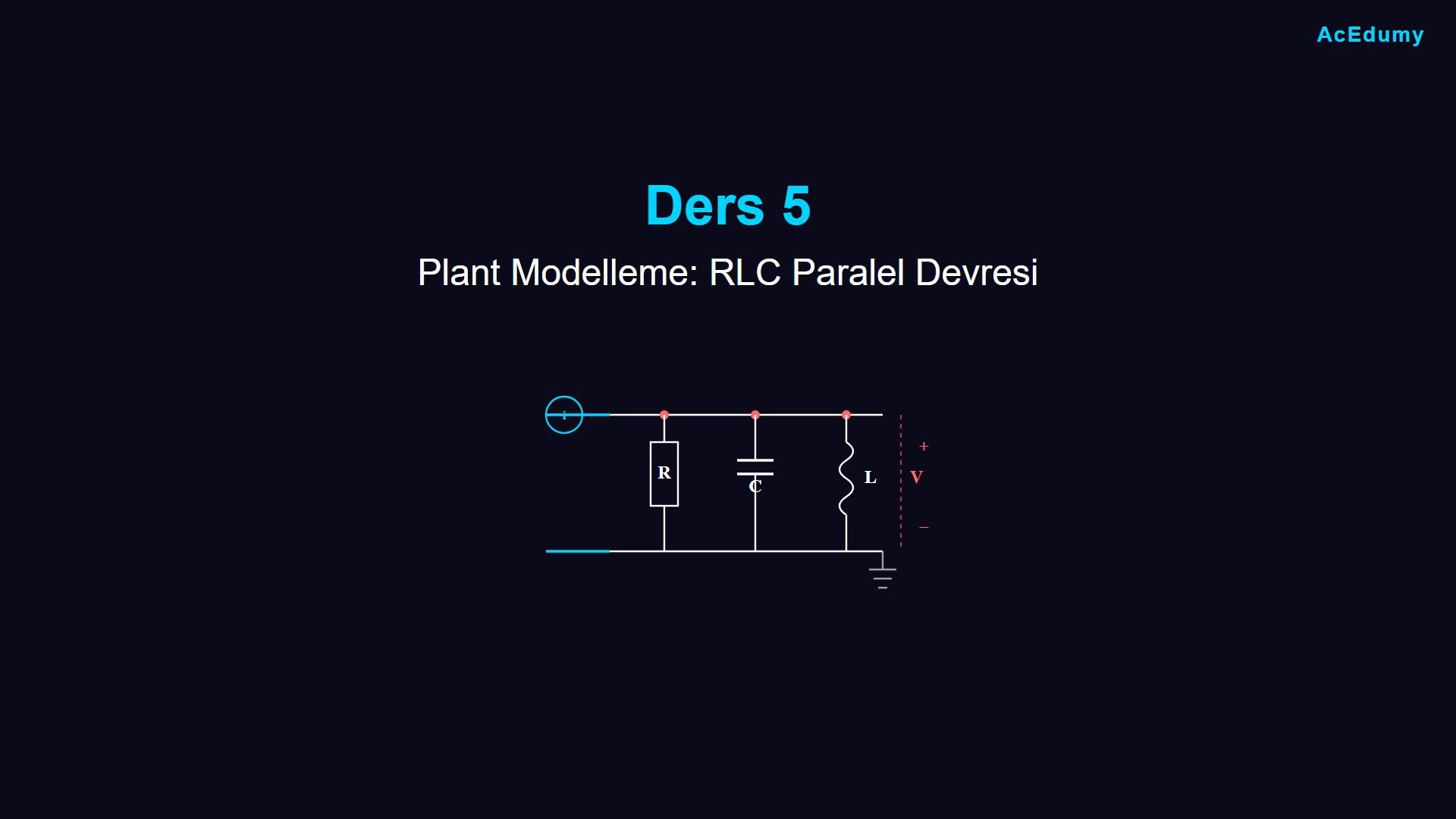 Paralel RLC devresini, üç dal akımını ve ikinci dereceden diferansiyel plant modelini gösteren ders karesi.