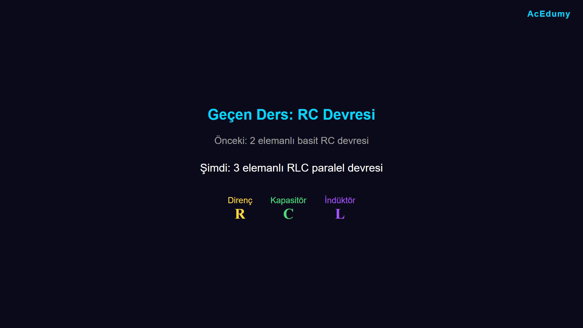 Paralel RLC devresini, üç dal akımını ve ikinci dereceden diferansiyel plant modelini gösteren ders karesi.