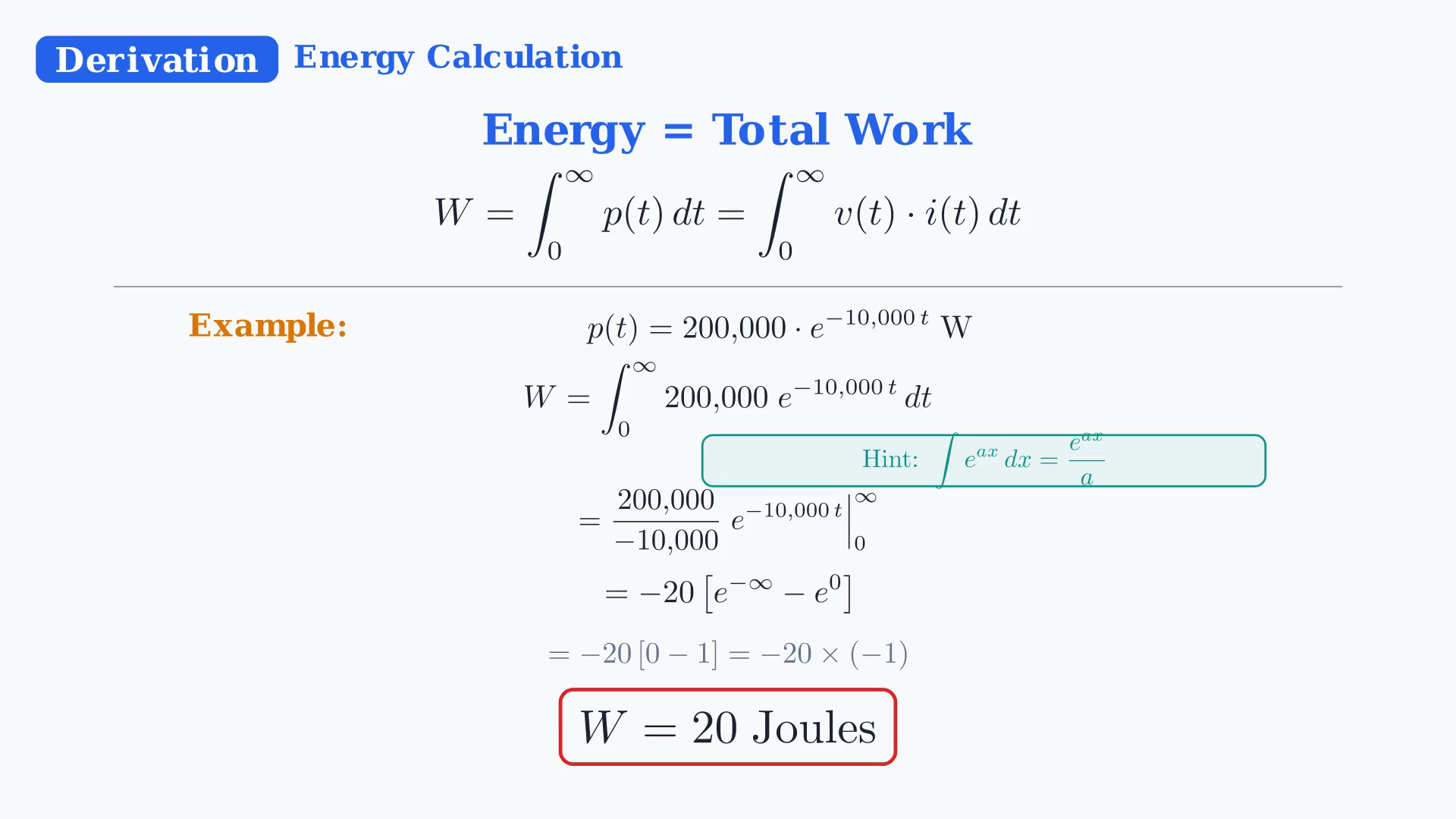 Energy as the time integral of power with an exponential example that gives twenty joules.