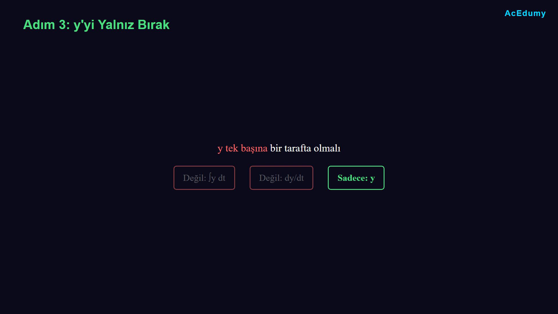 RC diferansiyel denkleminin integralli forma dönüşümünü ve 1/R negatif geri beslemeli blok diyagramını gösteren ders karesi.