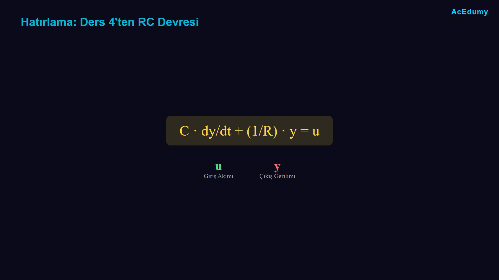 RC diferansiyel denkleminin integralli forma dönüşümünü ve 1/R negatif geri beslemeli blok diyagramını gösteren ders karesi.