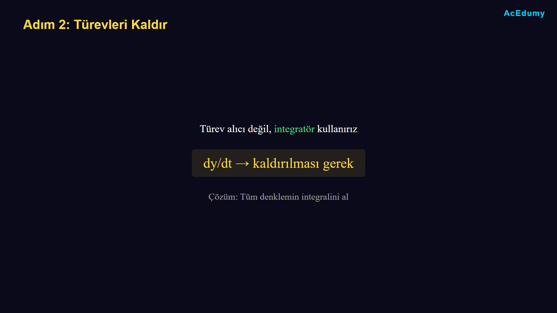 RC diferansiyel denkleminin integralli forma dönüşümünü ve 1/R negatif geri beslemeli blok diyagramını gösteren ders karesi.