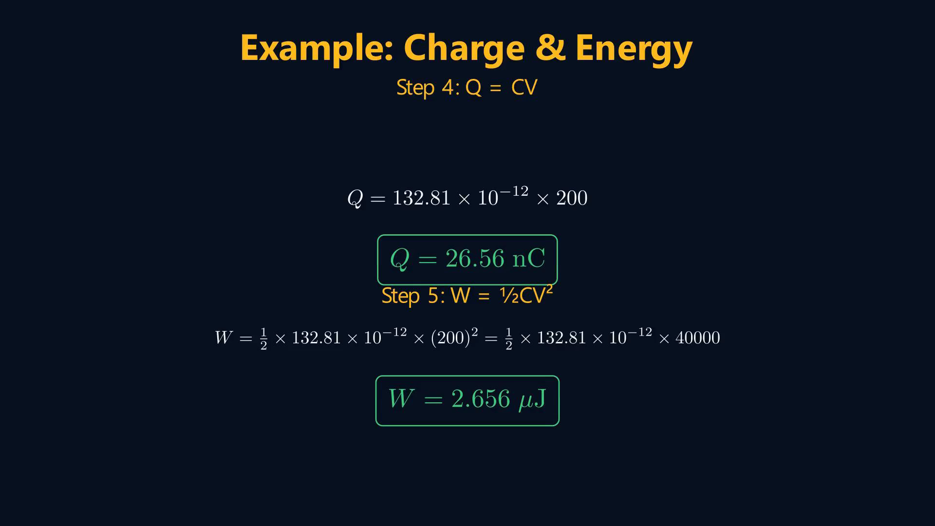 Lesson frame showing field-integral formulas for resistance and capacitance, standard capacitor geometries, and a numerical example.