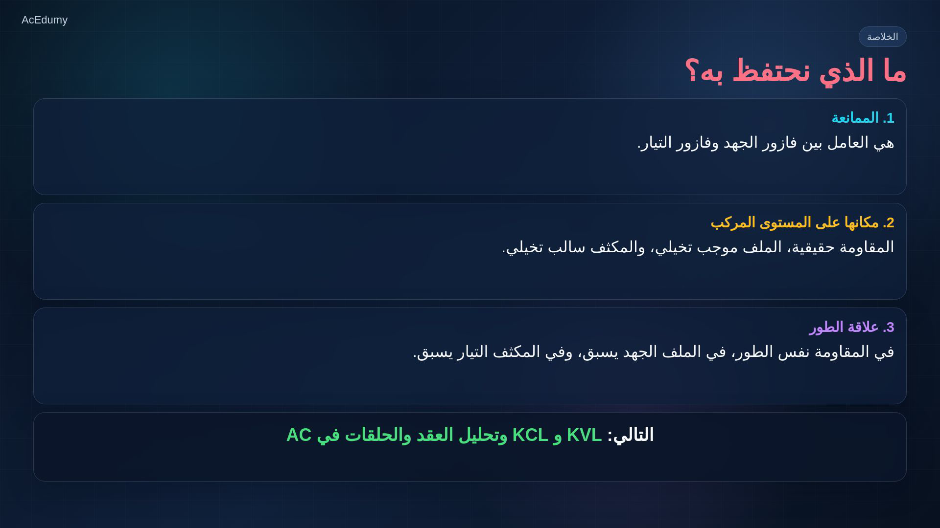 إطار من الفيديو العربي يوضح اشتقاق ممانعات المقاومة والملف والمكثف واتجاهها في المستوى المركب.