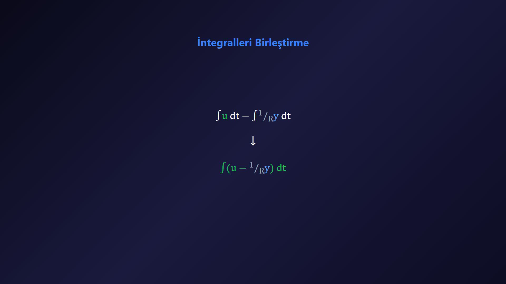 RLC diferansiyel denkleminin çift integralli forma dönüşümünü ve 1/R ile 1/L negatif geri besleme yollarını gösteren ders karesi.