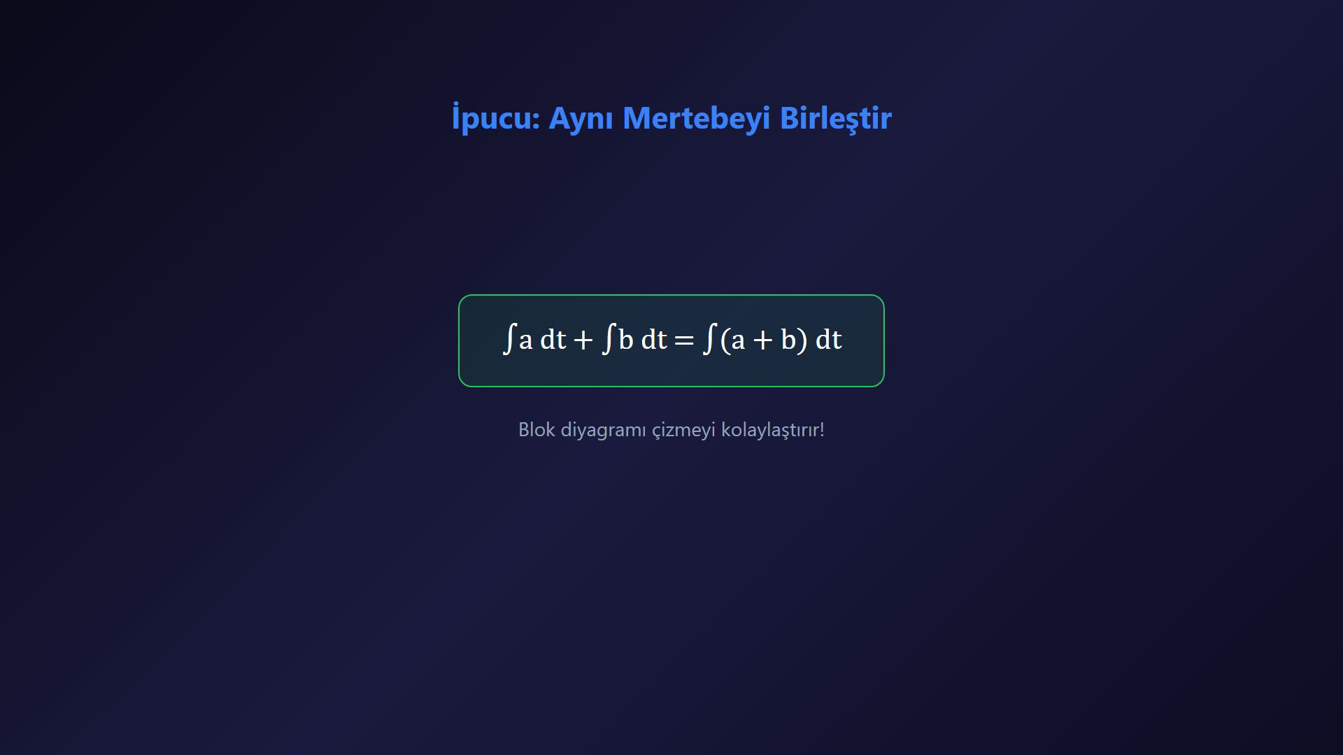 RLC diferansiyel denkleminin çift integralli forma dönüşümünü ve 1/R ile 1/L negatif geri besleme yollarını gösteren ders karesi.