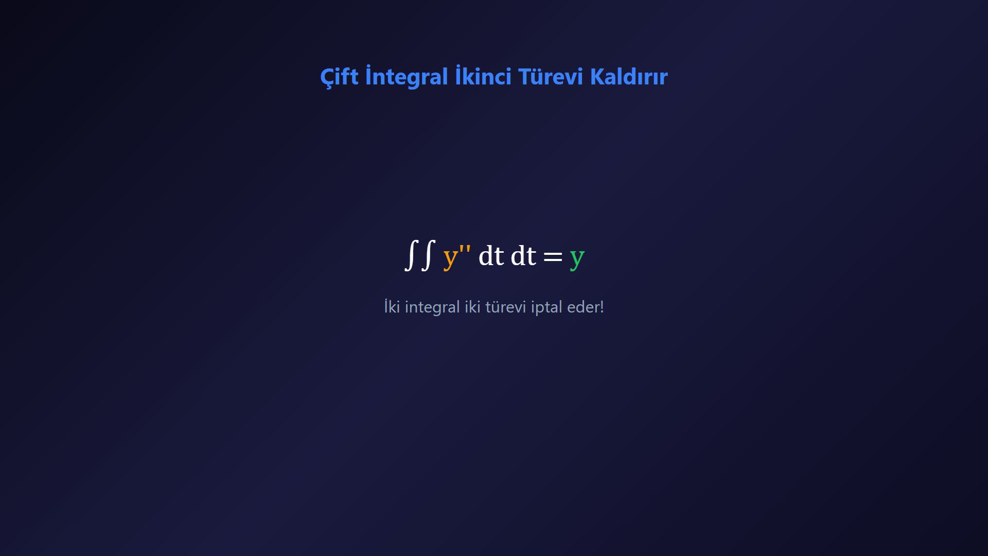RLC diferansiyel denkleminin çift integralli forma dönüşümünü ve 1/R ile 1/L negatif geri besleme yollarını gösteren ders karesi.