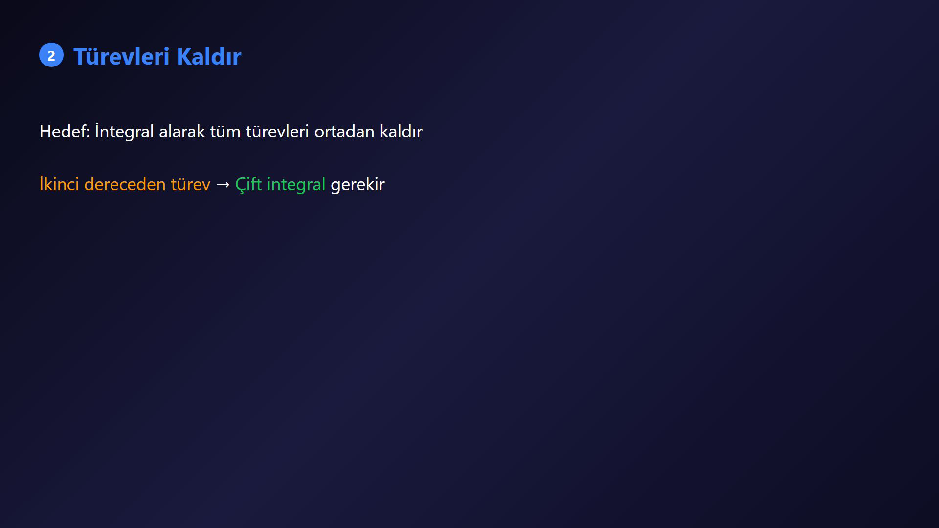 RLC diferansiyel denkleminin çift integralli forma dönüşümünü ve 1/R ile 1/L negatif geri besleme yollarını gösteren ders karesi.