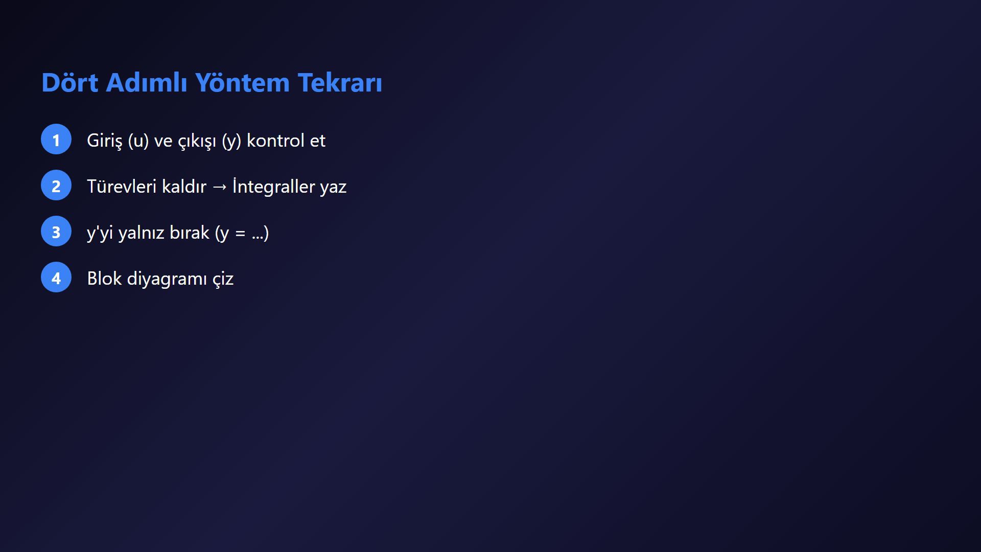 RLC diferansiyel denkleminin çift integralli forma dönüşümünü ve 1/R ile 1/L negatif geri besleme yollarını gösteren ders karesi.
