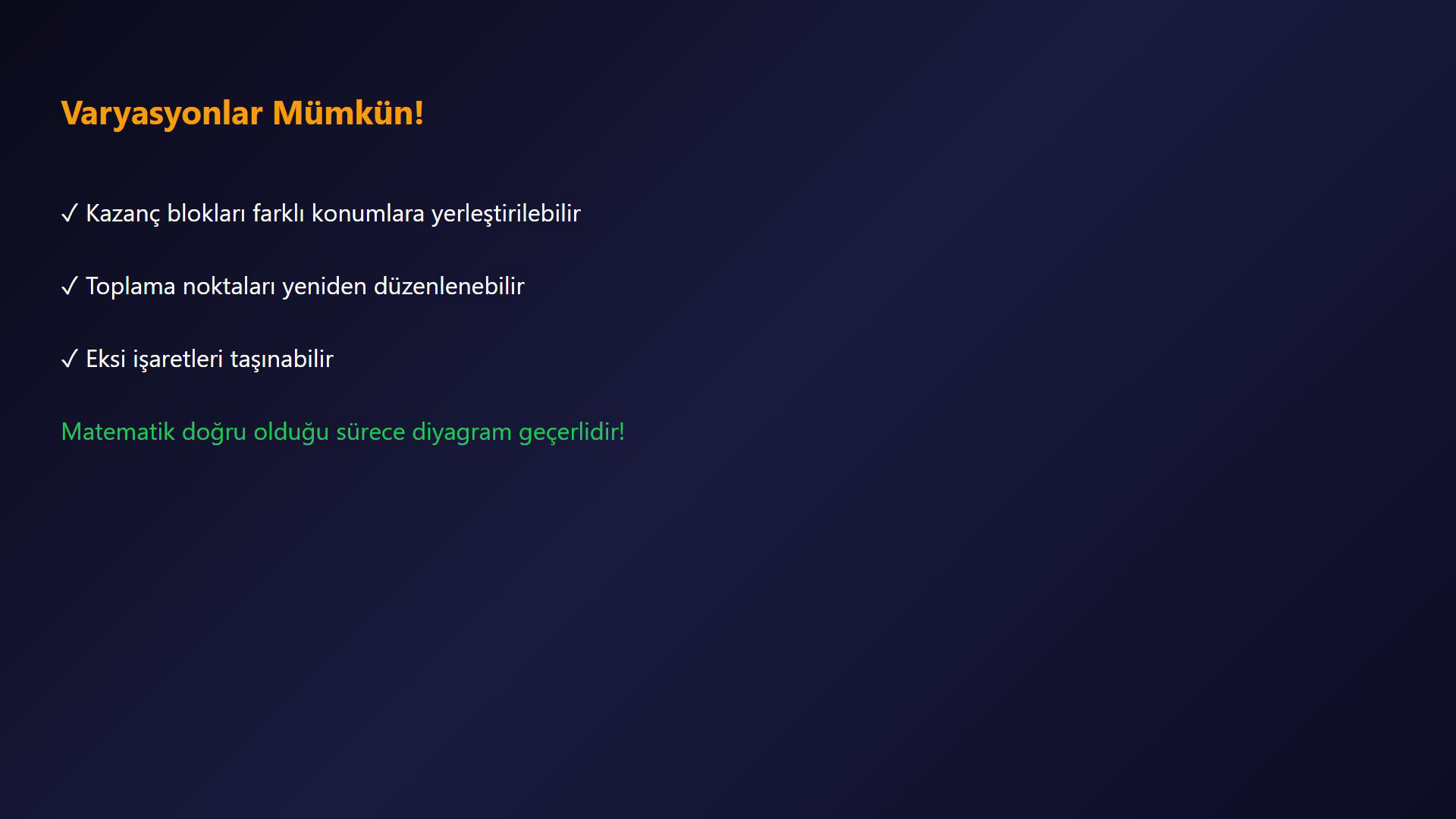 RLC diferansiyel denkleminin çift integralli forma dönüşümünü ve 1/R ile 1/L negatif geri besleme yollarını gösteren ders karesi.