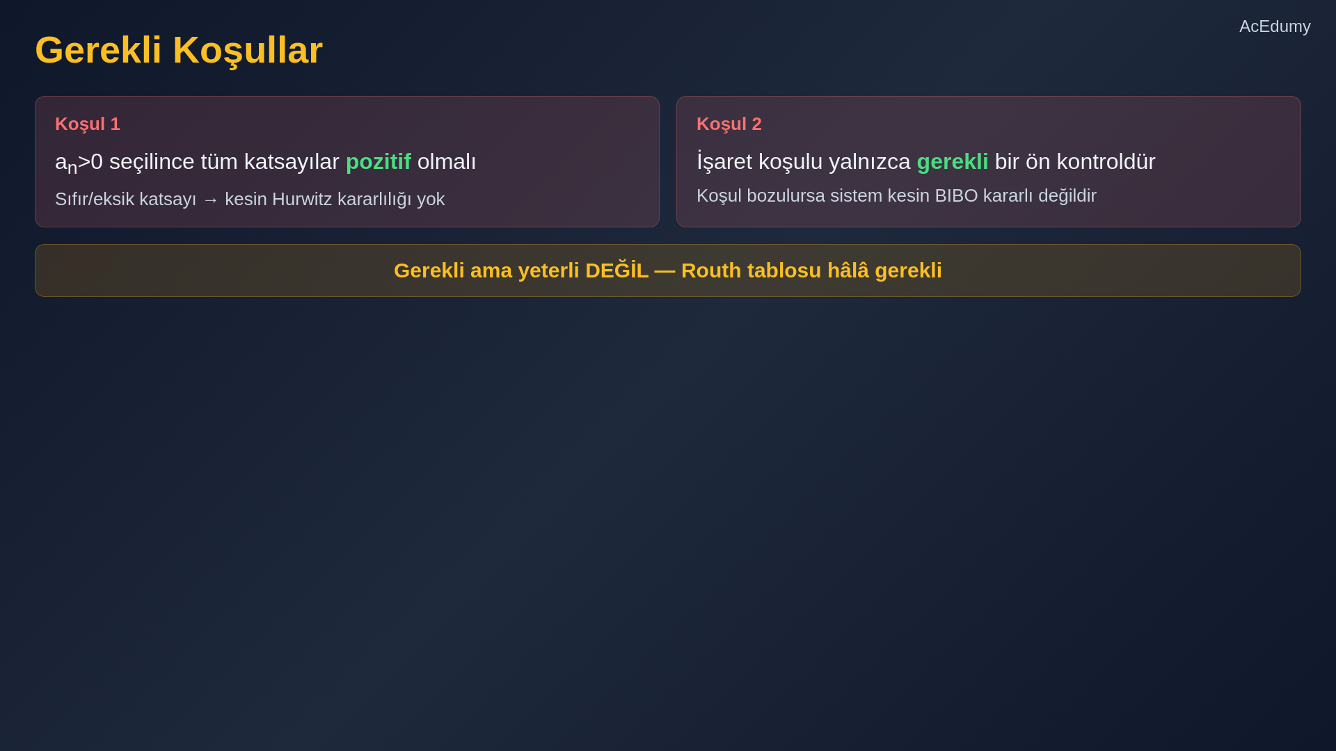 Routh tablosunun kurulmasını, ilk sütun işaret değişimlerini ve özel sıfır durumlarını gösteren ders karesi.