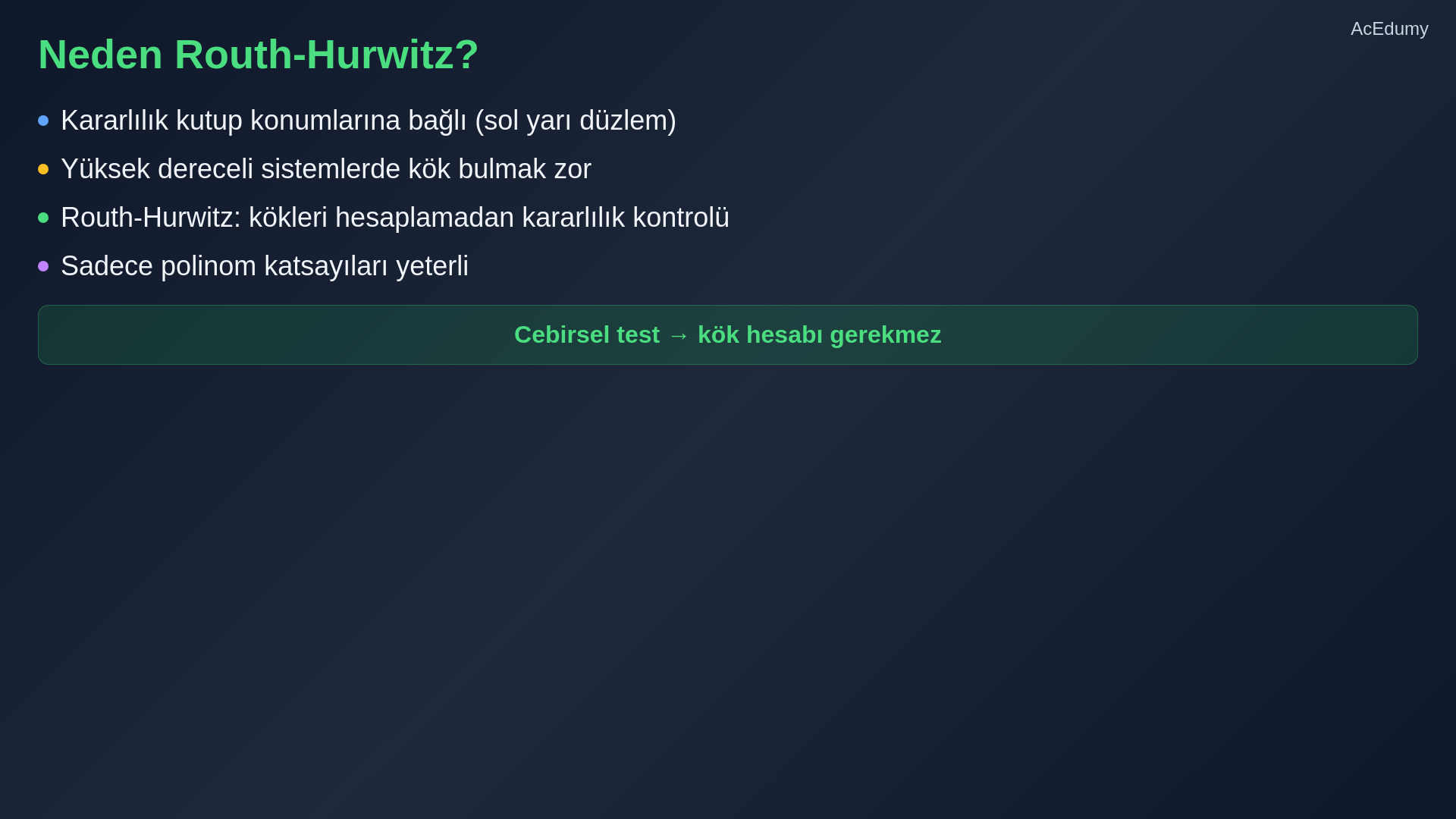 Routh tablosunun kurulmasını, ilk sütun işaret değişimlerini ve özel sıfır durumlarını gösteren ders karesi.