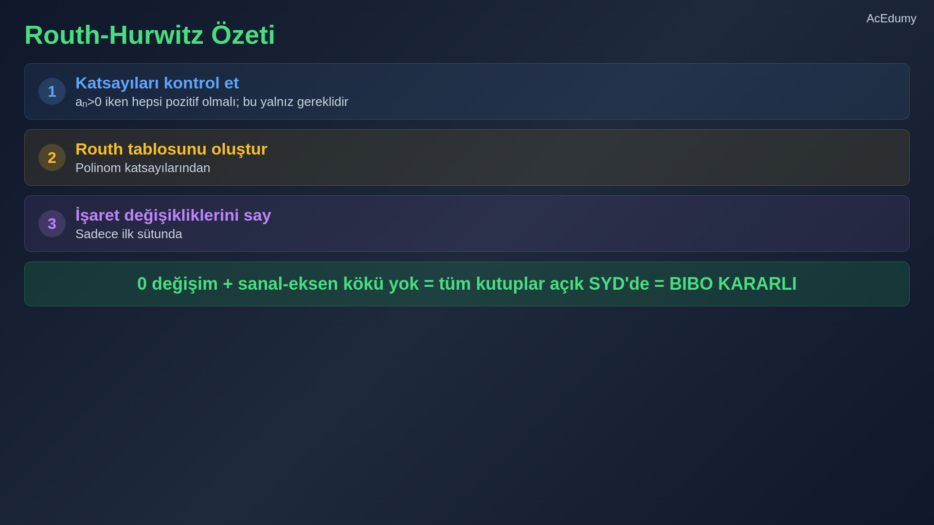 Routh tablosunun kurulmasını, ilk sütun işaret değişimlerini ve özel sıfır durumlarını gösteren ders karesi.