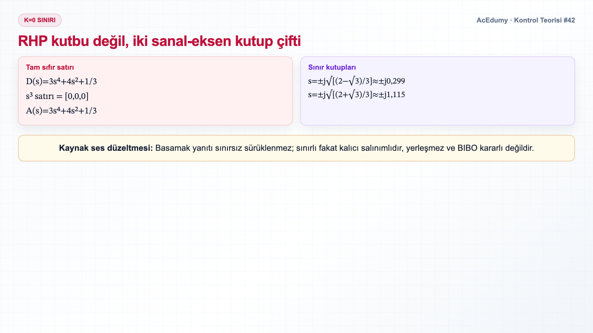 Parametrik dördüncü derece polinomun Routh tablosunu, K>0 kararlılık aralığını ve K=0 sınır kutuplarını gösteren Türkçe çözüm karesi.