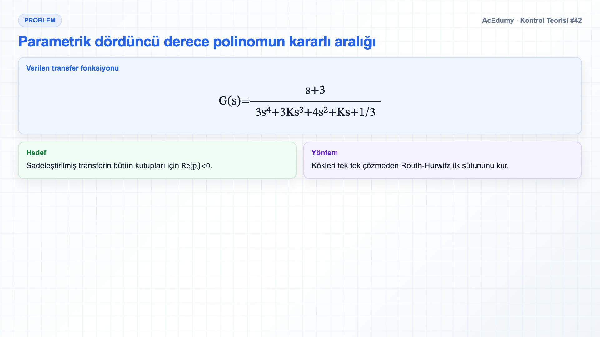 Parametrik dördüncü derece polinomun Routh tablosunu, K>0 kararlılık aralığını ve K=0 sınır kutuplarını gösteren Türkçe çözüm karesi.