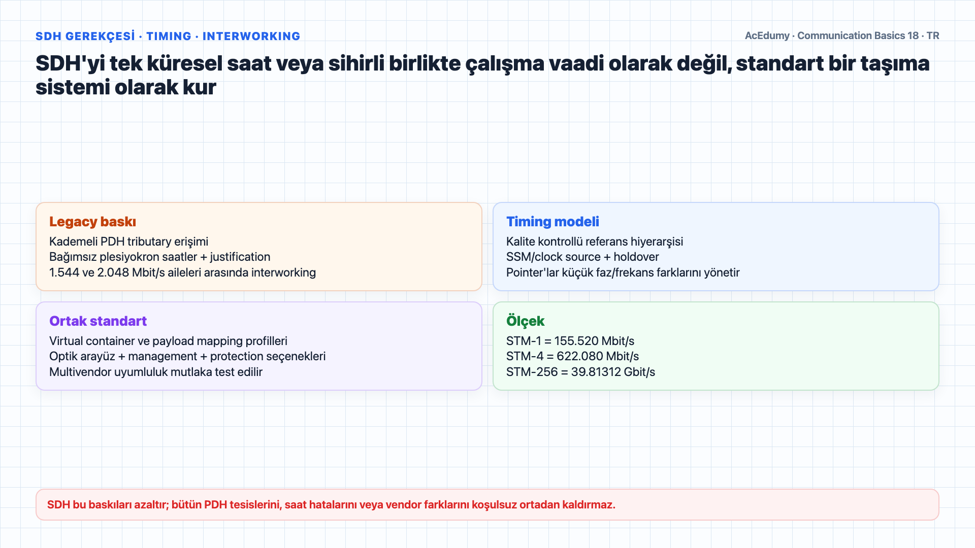 STM-1 çerçeve anatomisini, AU-4 pointer ve VC-4 yapısını, ADM tributary erişimini, SDH/SONET hızlarını, sürekli ATM eşlemesi verimini ve geçiş doğrulama kapılarını gösteren Türkçe çözüm karesi.