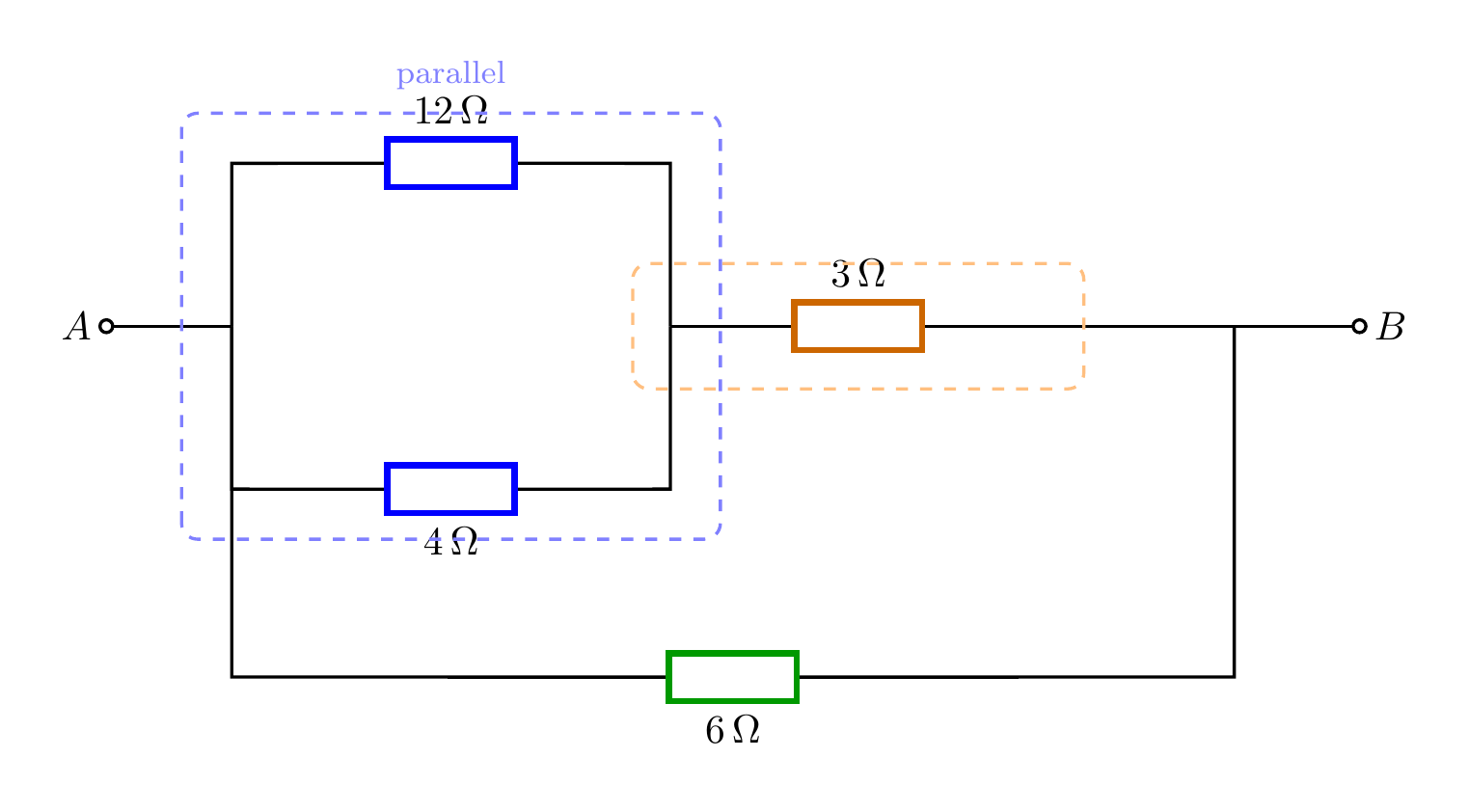 A mixed circuit: 12 ohms in parallel with 4 ohms, then 3 ohms in series, with the whole branch parallel to 6 ohms.