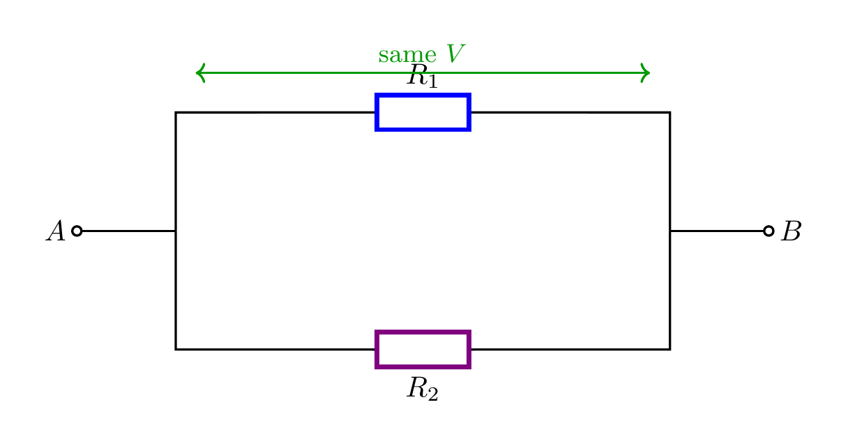Parallel-connected R1 and R2 across the same two nodes with the total current splitting between the branches.