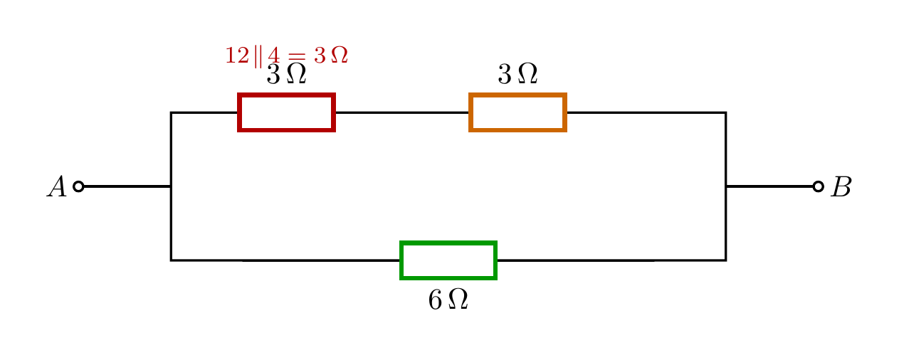 First reduction replacing 12 ohms in parallel with 4 ohms by a 3-ohm equivalent.