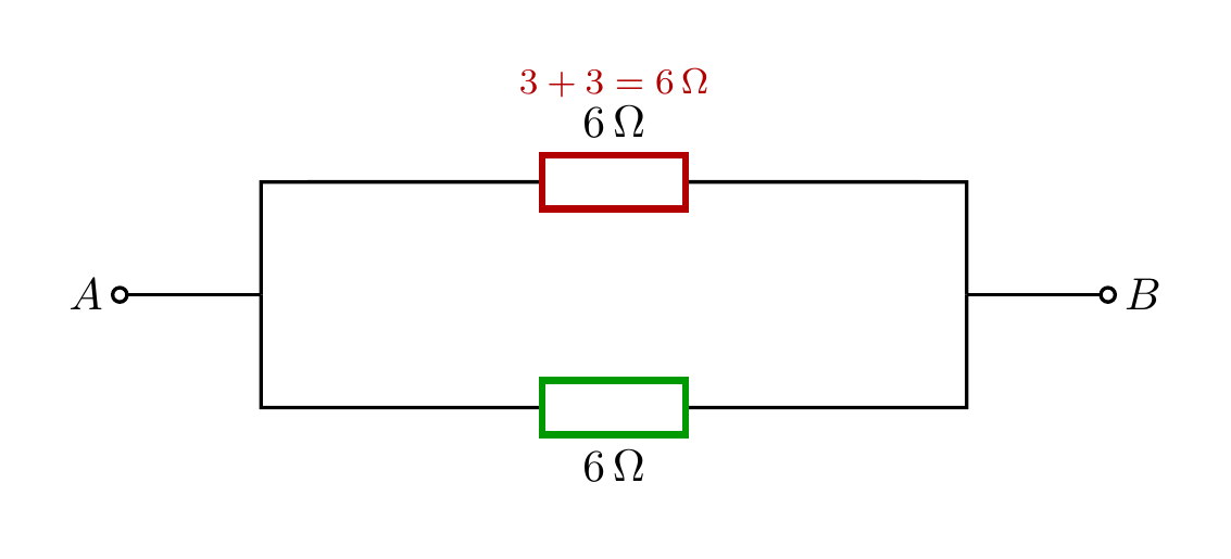 Second reduction replacing the two series 3-ohm resistors by a 6-ohm equivalent.