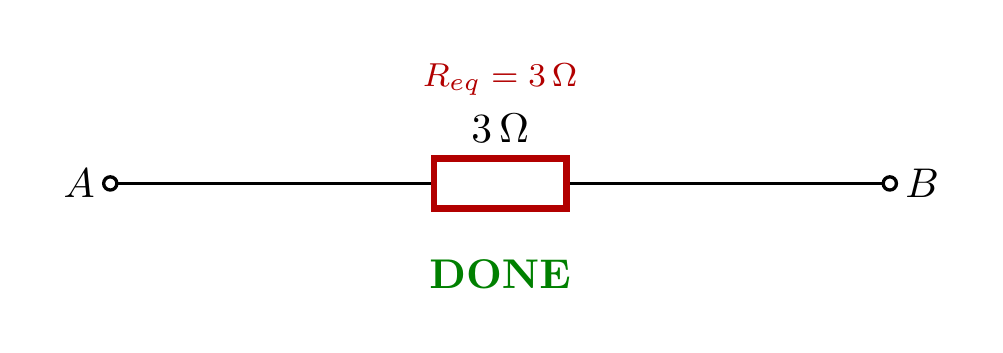 Final reduction of two parallel 6-ohm resistors to 3 ohms between A and B.
