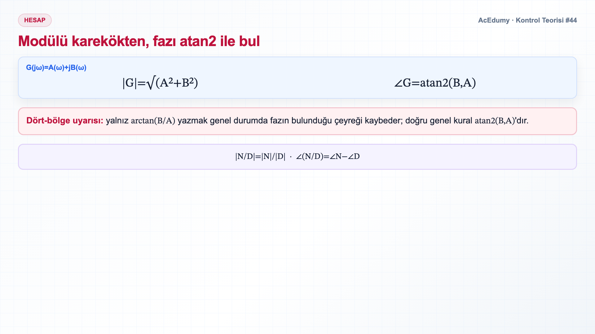 Sinüsoidal kalıcı durum, G(jω) genlik-faz hesabı, desibel ölçeği ve birinci dereceden alçak geçiren örneğini gösteren Türkçe çözüm karesi.