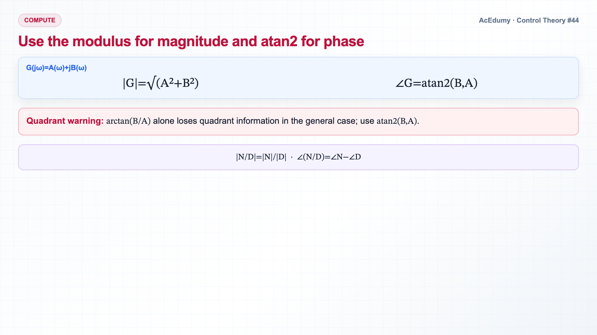 English solution frame showing sinusoidal steady state, G(jω) magnitude and phase, the decibel scale, and a first-order low-pass example.