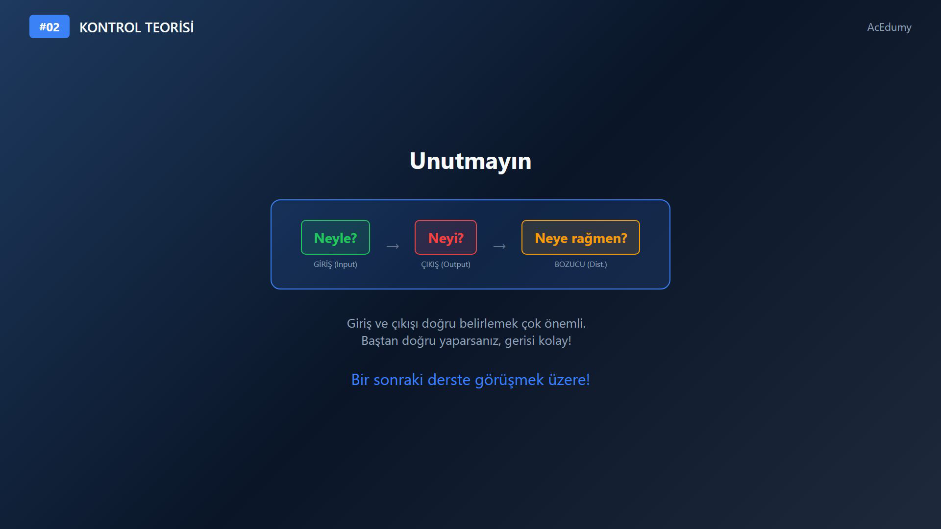 Kontrol teorisinde giriş, çıkış ve bozucu sinyalleri araç hızı ve oda sıcaklığı örnekleriyle sınıflandıran ders karesi.