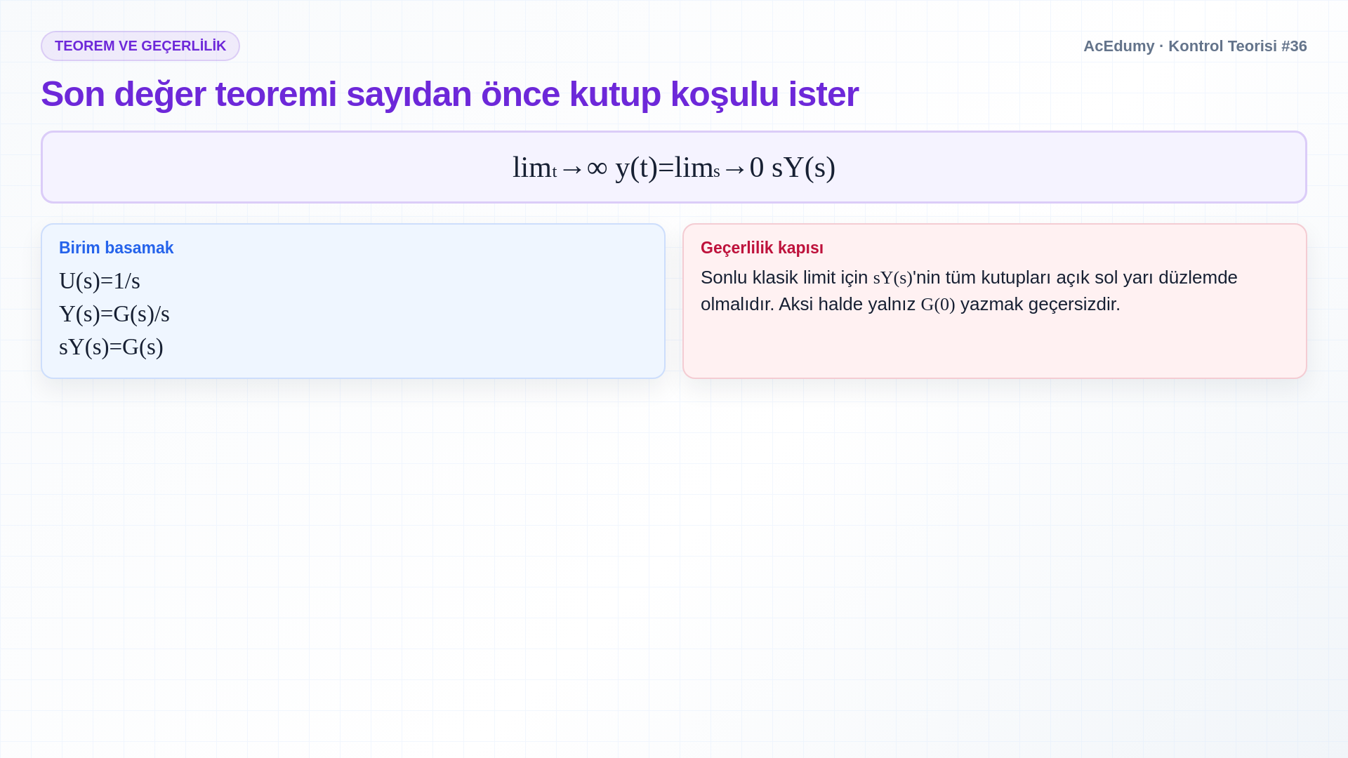 İki transfer fonksiyonunun kutuplarını, son değer teoremi koşulunu, G₁'in 12 son değerini ve G₂'nin büyüyen üstel nedeniyle ıraksamasını gösteren Türkçe çözüm karesi.
