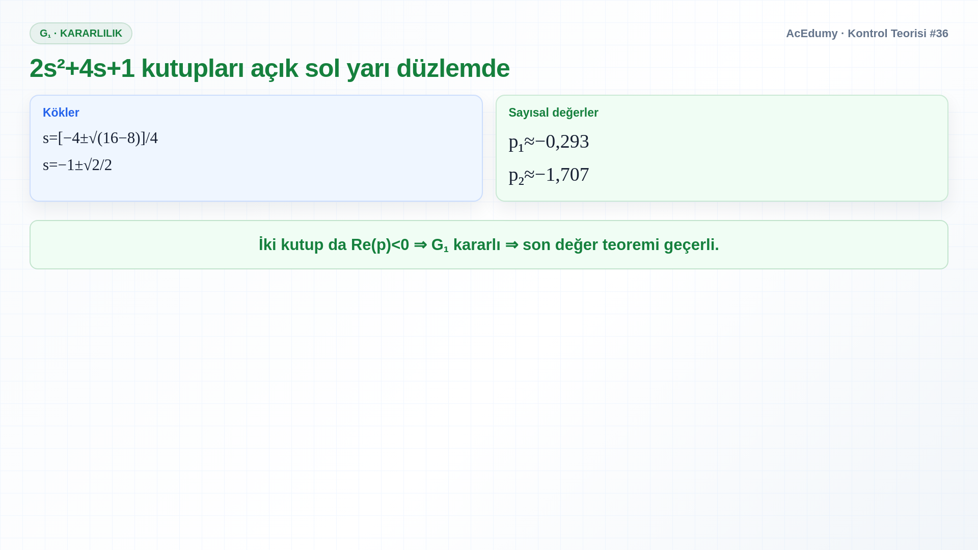 İki transfer fonksiyonunun kutuplarını, son değer teoremi koşulunu, G₁'in 12 son değerini ve G₂'nin büyüyen üstel nedeniyle ıraksamasını gösteren Türkçe çözüm karesi.