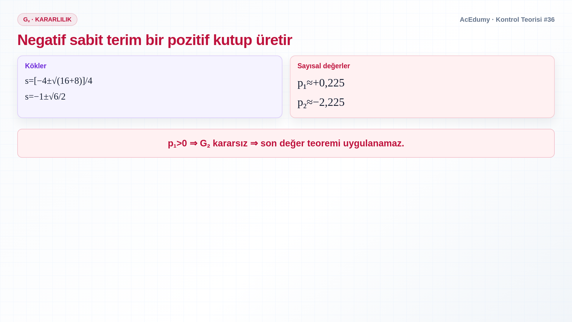 İki transfer fonksiyonunun kutuplarını, son değer teoremi koşulunu, G₁'in 12 son değerini ve G₂'nin büyüyen üstel nedeniyle ıraksamasını gösteren Türkçe çözüm karesi.