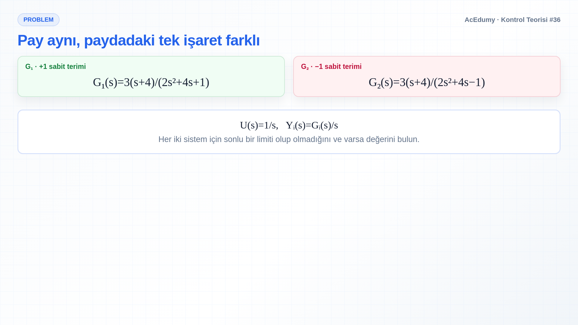 İki transfer fonksiyonunun kutuplarını, son değer teoremi koşulunu, G₁'in 12 son değerini ve G₂'nin büyüyen üstel nedeniyle ıraksamasını gösteren Türkçe çözüm karesi.