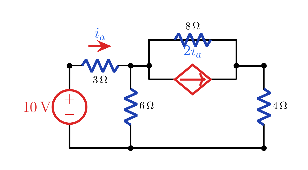 Example 3 with the 10 V source, 3 Ω and 6 Ω resistors, and the dependent current source 2i_a.