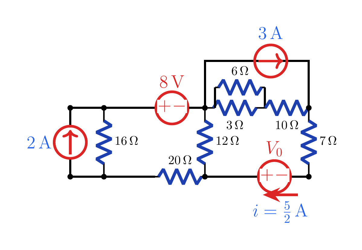 Example 4 with 2 A and 3 A sources, two Norton regions, and the voltage V_0.