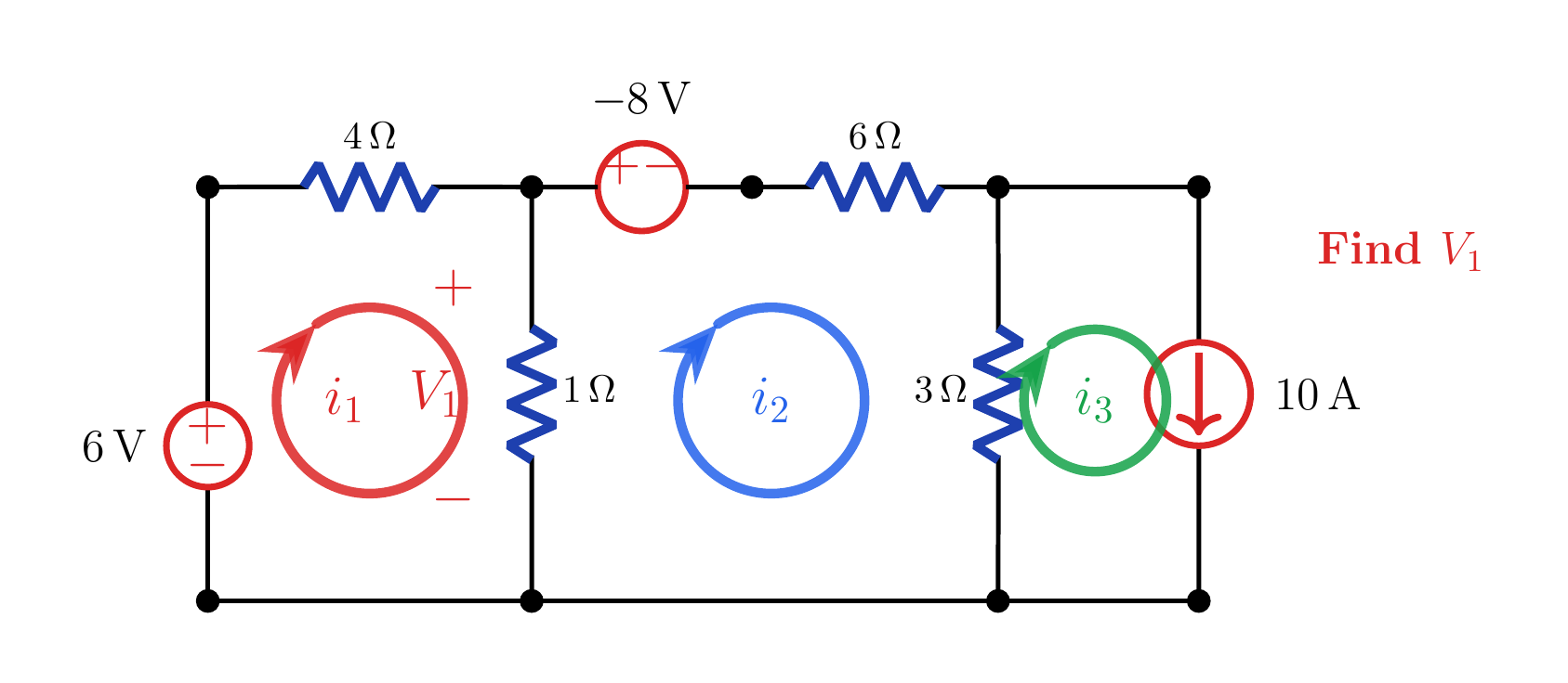 Three-mesh circuit with 6 V and −8 V voltage sources and a 10 A boundary current source.