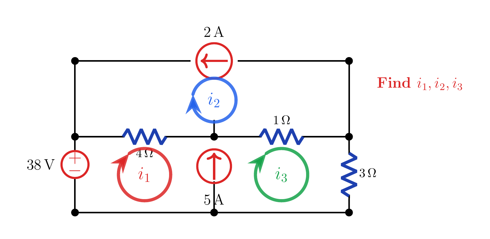 Three-mesh circuit with a 2 A boundary source above and a 5 A source shared by the two lower meshes.