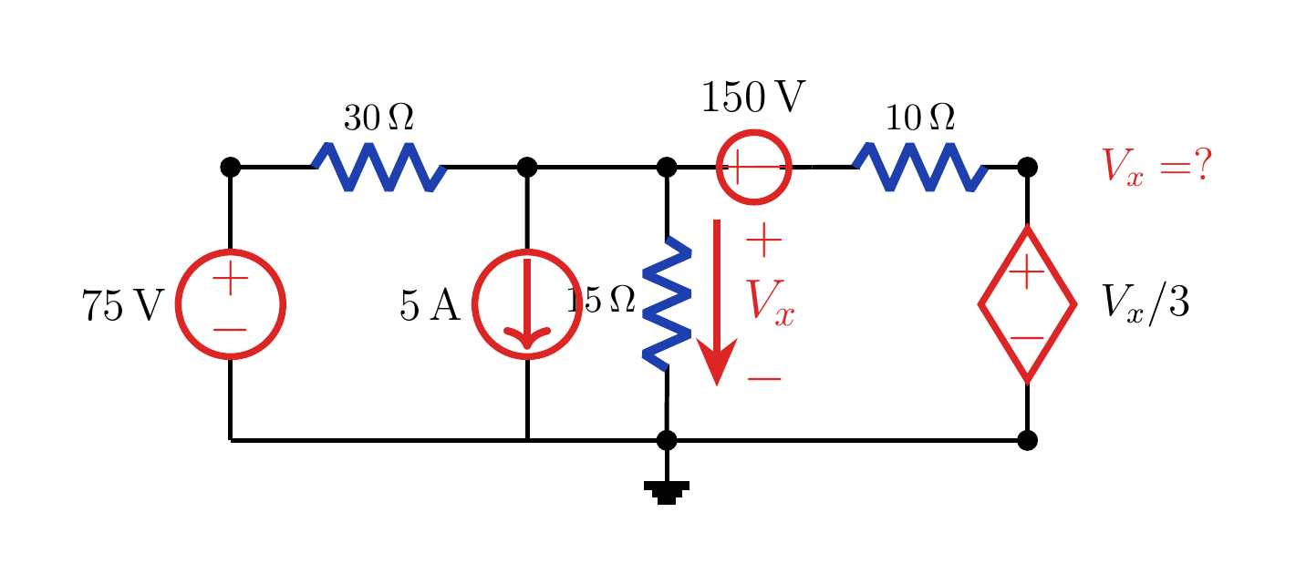 Circuit with 75 V, 5 A and 150 V independent sources and a V_x/3 dependent voltage source.
